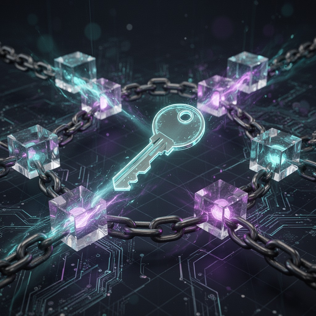 A secure modern digital gateway visualizing encrypted keys and technical hardware protection systems
